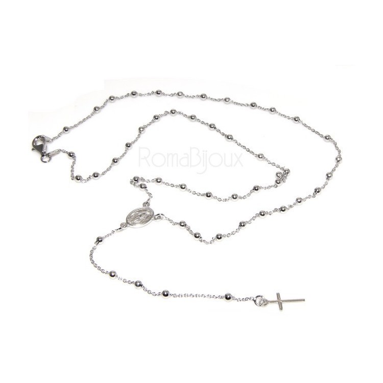 NSA|Rosary necklace man or woman in 925 sterling silver cross rod smooth white gold 56 cm