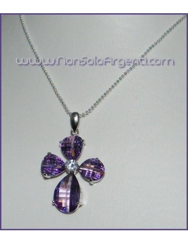 ARGENTO 925 : Ciondolo croce di cristallo viola ametista con zircone e collana beads