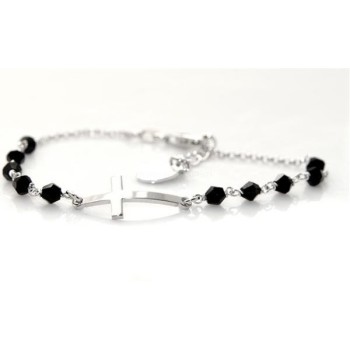 Men's rosary bracelet in 925 silver with image of the Madonna, convex cross, and black crystal. Size 18.00 - 20.50