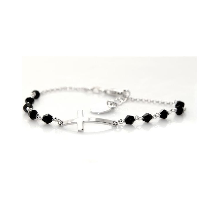 Bracciale rosario uomo  in  Argento 925 con immagine madonnina , croce convessa e cristallo nero . Mis 18,00 - 20.50