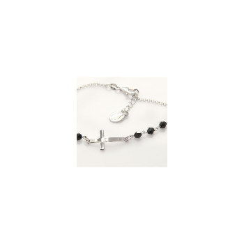Bracciale rosario uomo  in  Argento 925 con immagine madonnina , croce convessa e cristallo nero . Mis 18,00 - 20.50