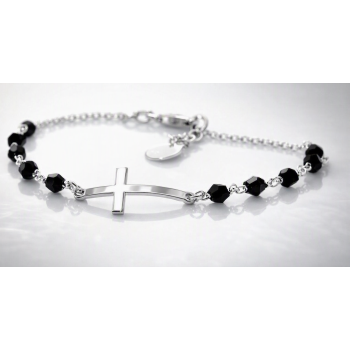 NSA|Bracciale rosario uomo  in  Argento 925 con immagine madonnina , croce convessa e cristallo nero . Mis 18,00 - 20.50