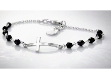 NSA|Bracciale rosario uomo  in  Argento 925 con immagine madonnina , croce convessa e cristallo nero . Mis 18,00 - 20.50