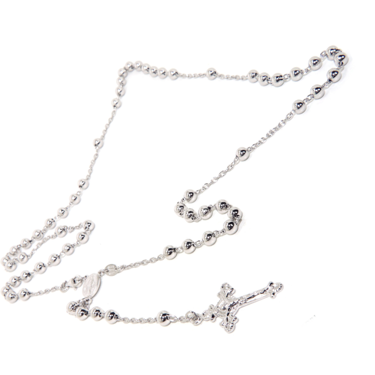 925 Silver: Rosary necklace with large beads and a religious image and a carved cross, various lengths