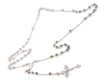 925 Silver: Rosary necklace with large beads and a religious image and a carved cross, various lengths