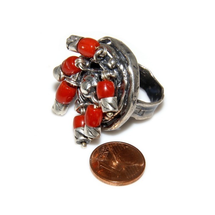 NSA|Argento 925 : Anello donna oblique  regolabile realizzato a mano con Corallo verace (Naturale )