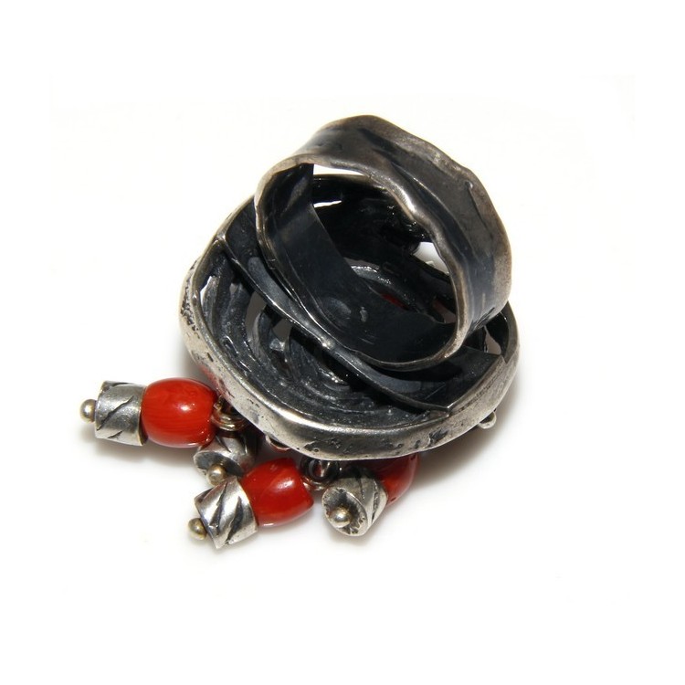NSA|Argento 925 : Anello donna oblique  regolabile realizzato a mano con Corallo verace (Naturale )