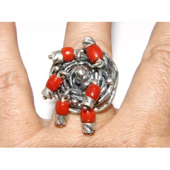 NSA|Argento 925 : Anello donna oblique  regolabile realizzato a mano con Corallo verace (Naturale )