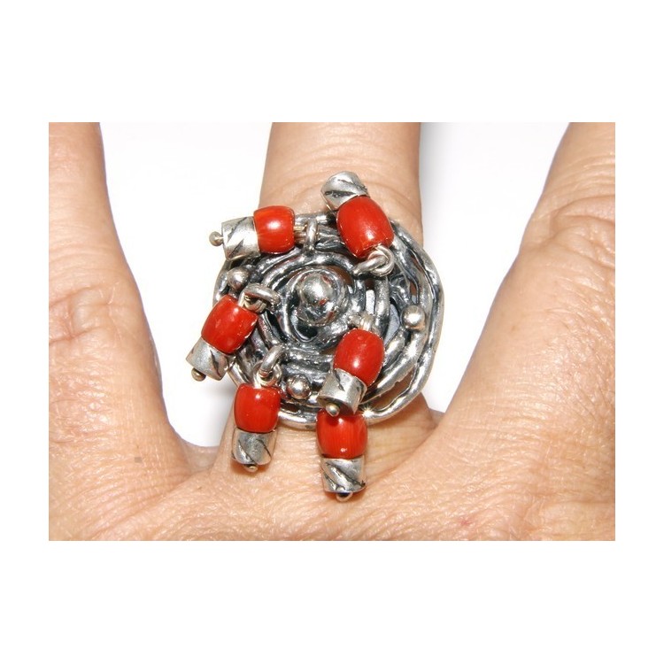 NSA|Argento 925 : Anello donna oblique  regolabile realizzato a mano con Corallo verace (Naturale )