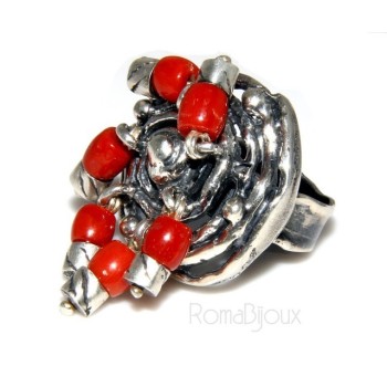 NSA|Argento 925 : Anello donna oblique  regolabile realizzato a mano con Corallo verace (Naturale )