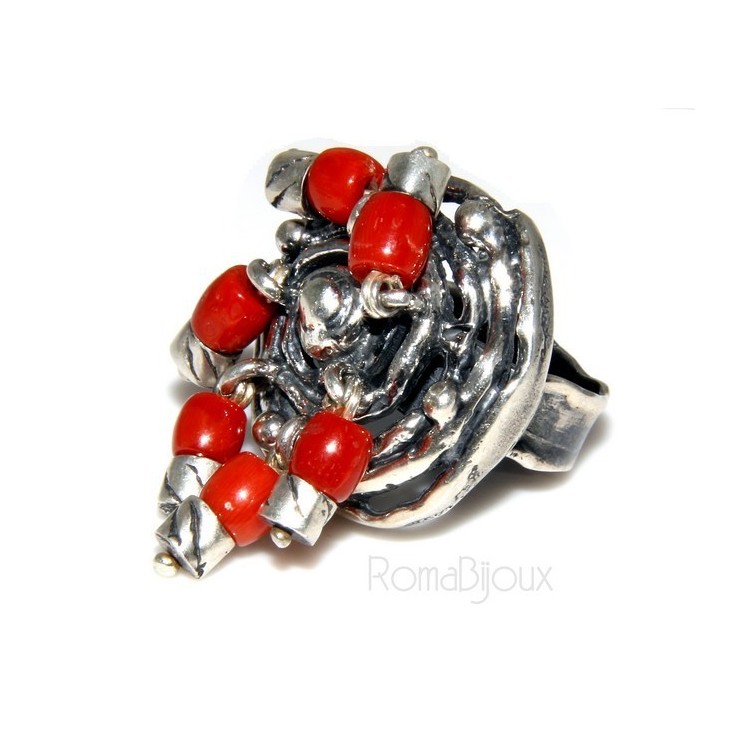 NSA|Argento 925 : Anello donna oblique  regolabile realizzato a mano con Corallo verace (Naturale )