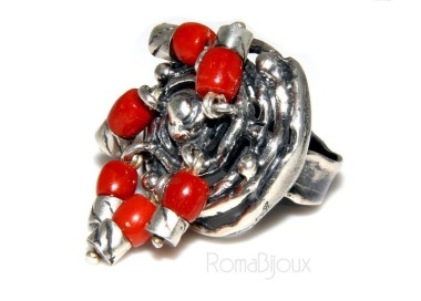NSA|Argento 925 : Anello donna oblique  regolabile realizzato a mano con Corallo verace (Naturale )