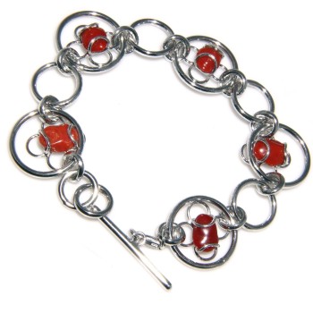 NSA|Bracciale Argento 925 e Corallo rosso naturale cerchi e fiori