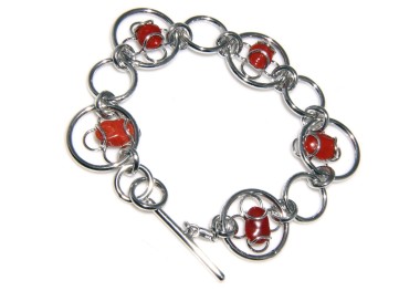 NSA|Bracciale Argento 925 e Corallo rosso naturale cerchi e fiori
