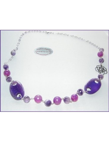 Long Necklace Silver 925 Glass Pearls and Purple Agate and flower 89cm