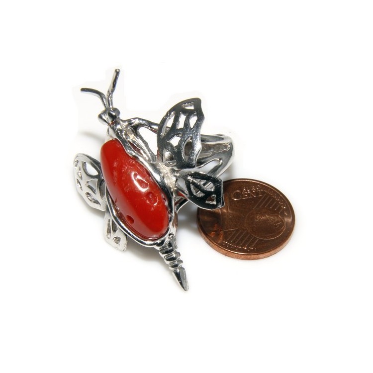NSA|925: Ring woman butterfly handmade with natural red coral gemstone 17