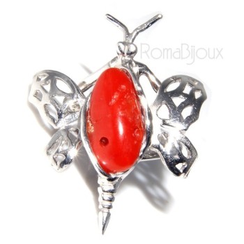 NSA|925: Ring woman butterfly handmade with natural red coral gemstone 17