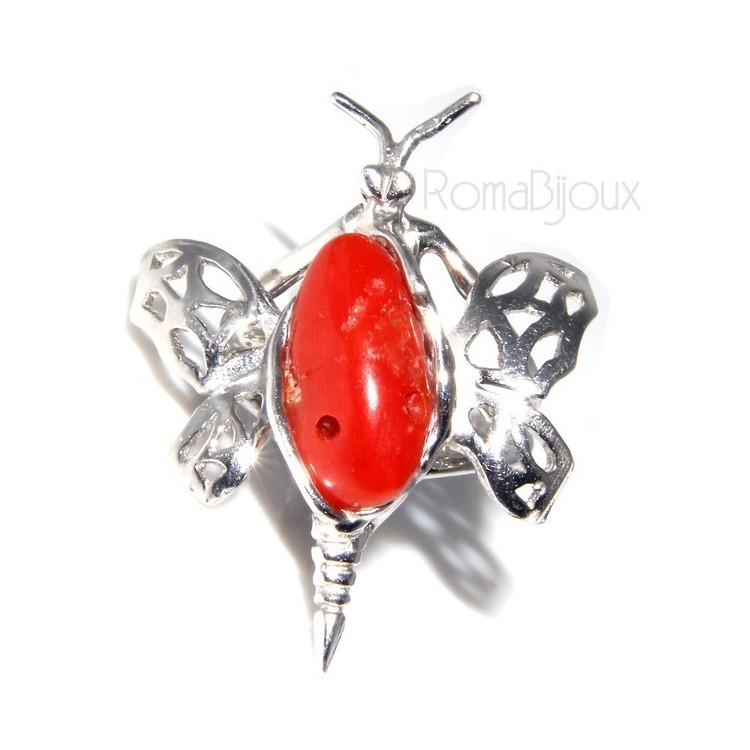 NSA|925: Ring woman butterfly handmade with natural red coral gemstone 17