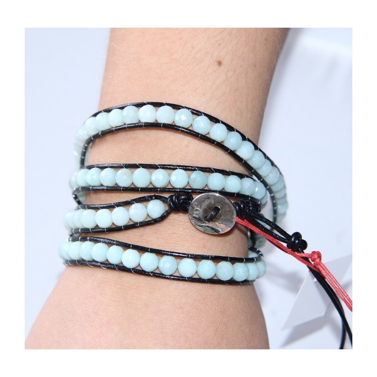 NSA|925 silver hip hop bracelet with black leather and aquamarine
