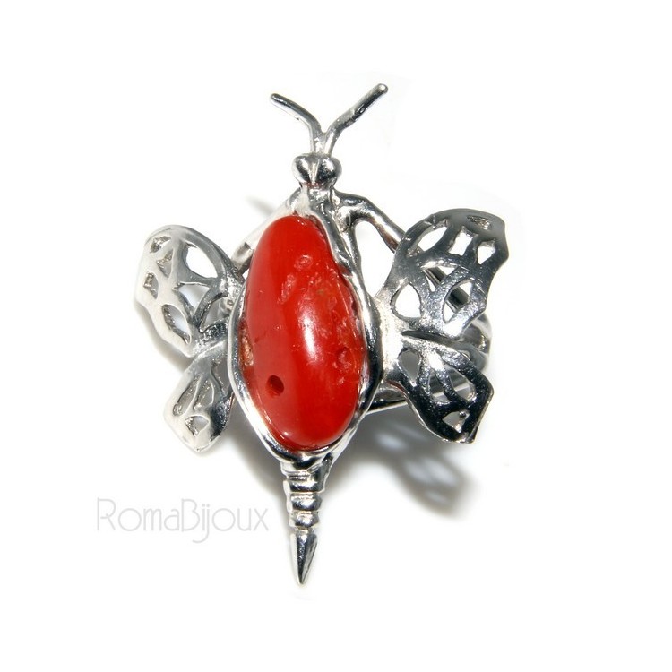 NSA|925: Ring woman butterfly handmade with natural red coral gemstone 17