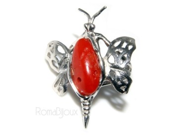 NSA|Anello farfalla argento 925 con corallo rosso naturale misura 17