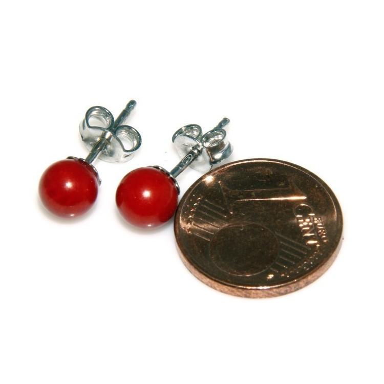 NSA|Earrings in 925 sterling silver pearl ball calibrated natural coral red