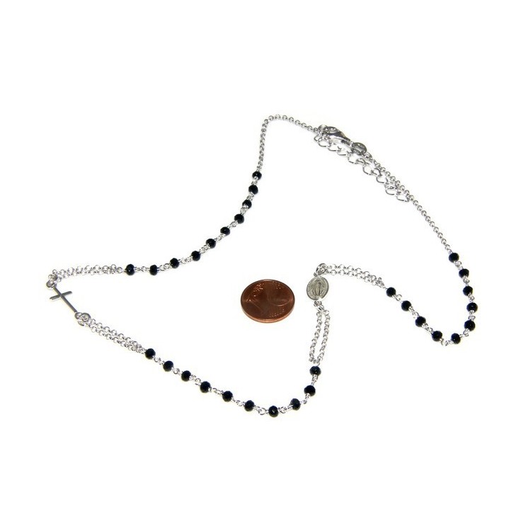 NSA|Collana Rosario uomo Argento 925 Con cristallo nero croce e madonna 66 cm