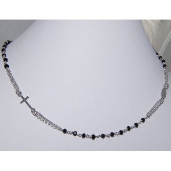 NSA|Collana Rosario uomo Argento 925 Con cristallo nero croce e madonna 66 cm
