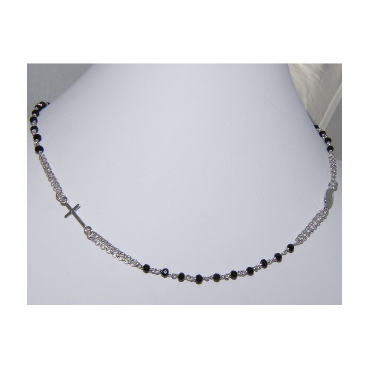 NSA|Collana Rosario uomo Argento 925 Con cristallo nero croce e madonna 66 cm