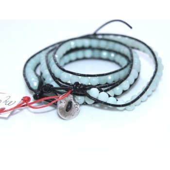 NSA|925 silver hip hop bracelet with black leather and aquamarine