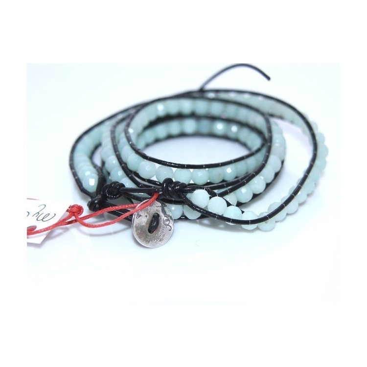 NSA|925 silver hip hop bracelet with black leather and aquamarine