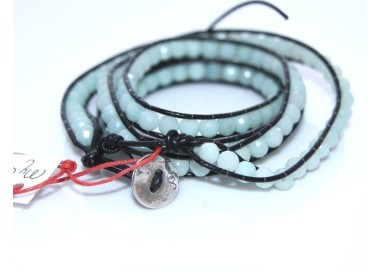 NSA|925 silver hip hop bracelet with black leather and aquamarine