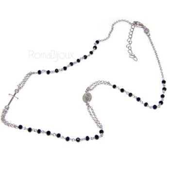 NSA|Collana Rosario uomo Argento 925 Con cristallo nero croce e madonna 66 cm