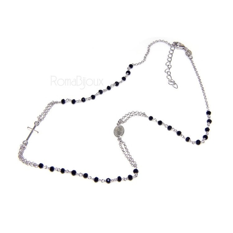 NSA|Collana Rosario uomo Argento 925 Con cristallo nero croce e madonna 66 cm