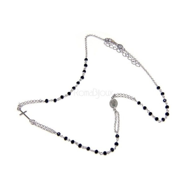NSA|Collana Rosario uomo Argento 925 Con cristallo nero croce e madonna 66 cm