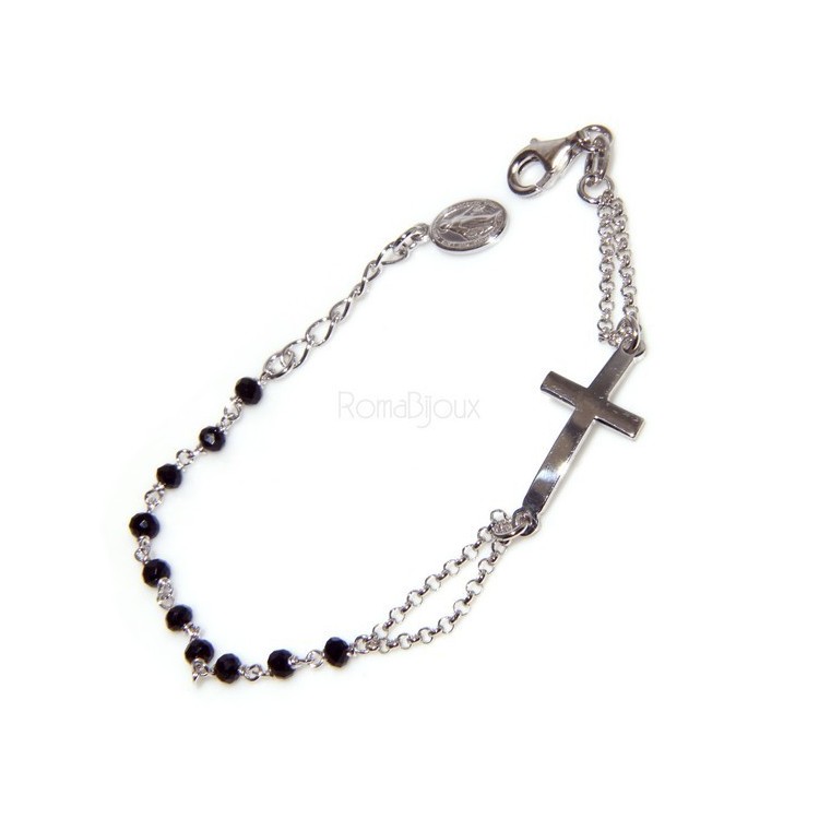 NSA|Bracciale rosario uomo donna in Argento 925 con immagine madonnina , croce convessa e cristallo nero . Mis 17,50