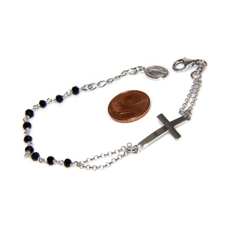 NSA|Bracciale rosario uomo donna in Argento 925 con immagine madonnina , croce convessa e cristallo nero . Mis 17,50