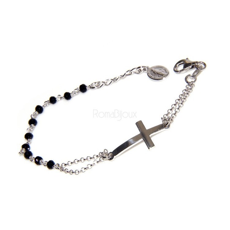 NSA|Rosary bracelet male female 925 silver image Madonna, convex cross and black crystal. mis 17.50