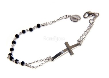 NSA|Bracciale rosario uomo donna in Argento 925 con immagine madonnina , croce convessa e cristallo nero . Mis 17,50