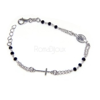 NSA|Bracciale rosario uomo in Argento 925 con immagine madonnina , croce convessa e cristallo nero . Mis 17,00 - 22,00