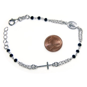 NSA|Bracciale rosario uomo in Argento 925 con immagine madonnina , croce convessa e cristallo nero . Mis 17,00 - 22,00
