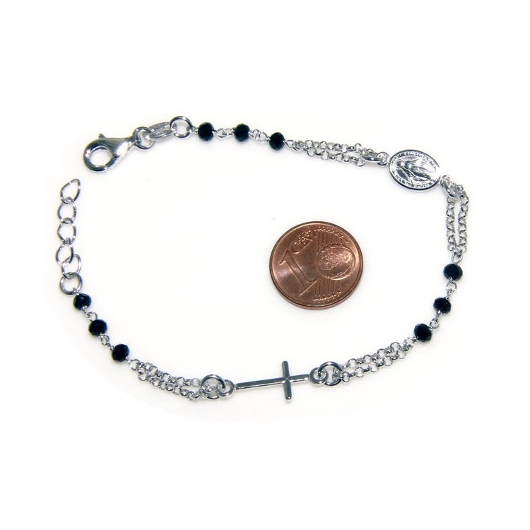 NSA|Bracciale rosario uomo in Argento 925 con immagine madonnina , croce convessa e cristallo nero . Mis 17,00 - 22,00