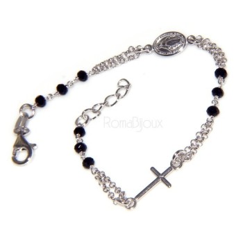 NSA|Bracciale rosario uomo in Argento 925 con immagine madonnina , croce convessa e cristallo nero . Mis 17,00 - 22,00