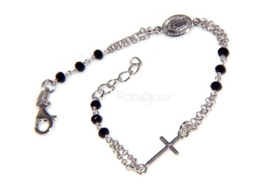 NSA|Bracciale rosario uomo in Argento 925 con immagine madonnina , croce convessa e cristallo nero . Mis 17,00 - 22,00