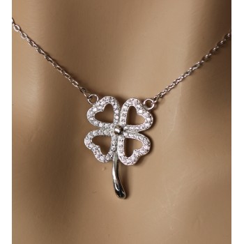 NSA|four-leaf clover necklace silver 925 large pendant woman white zircons