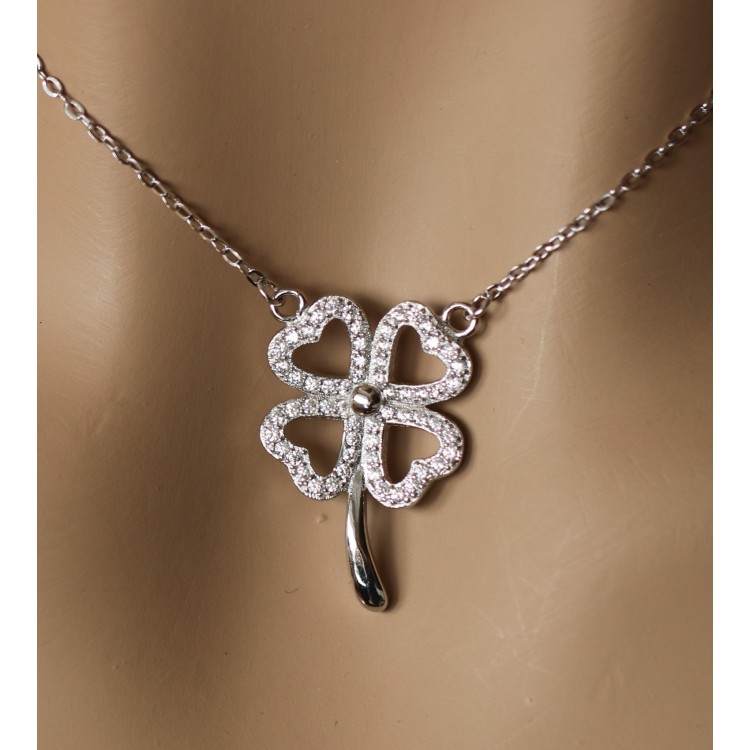 NSA|four-leaf clover necklace silver 925 large pendant woman white zircons