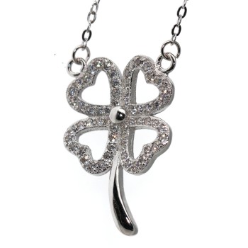 NSA|four-leaf clover necklace silver 925 large pendant woman white zircons