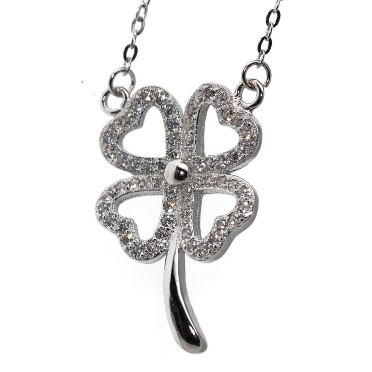 NSA|four-leaf clover necklace silver 925 large pendant woman white zircons