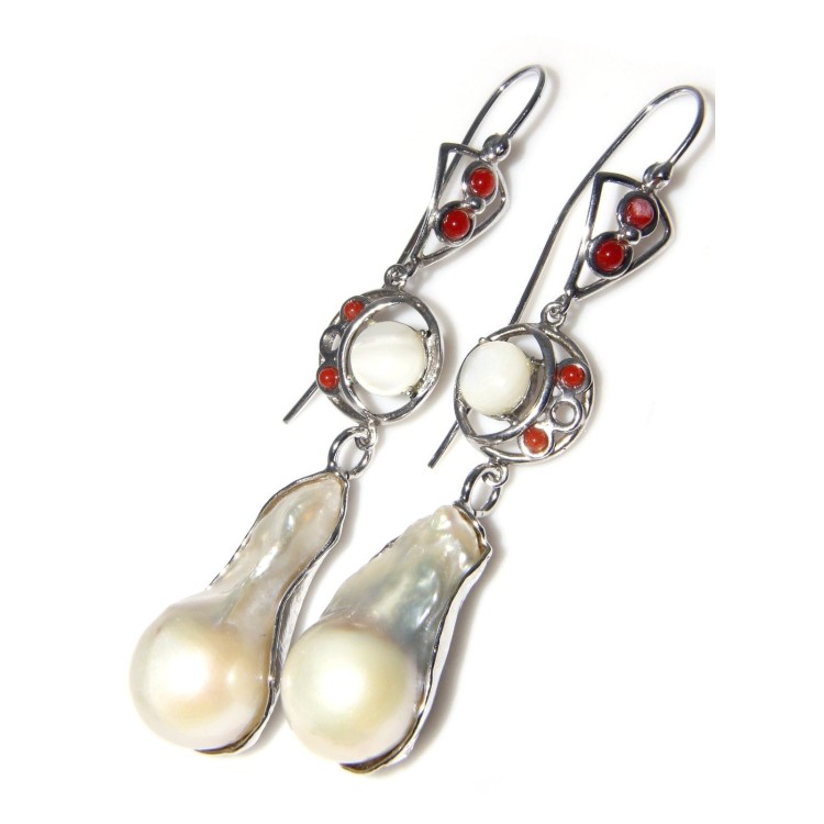 NSA|Earrings Silver 925 baroque pearl coral and mother of pearl long