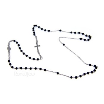 NSA|Collana Rosario uomo Argento 925 Con cristallo nero croce e madonna 66 cm